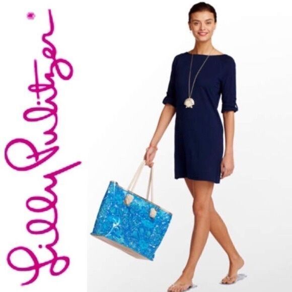 Lilly Pulitzer Camie Boatneck 3/4 Sleeve Shift Tee Dress Solid Navy XS.
Armpit t - Picture 2 of 7